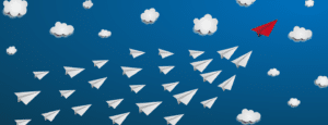 Illustration of paper airplanes following a red airplane