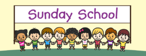 illustration of kids under Sunday school banner