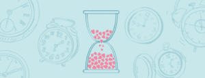 Illustration of hour glass with hearts in it